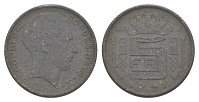 Бельгия 5 франков 1941 Belges, Леопольд III (1934-1951) KM 129 цинк 4538-1255