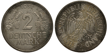 ФРГ 2 марки 1951 J J 386, KM 111 медно-никель плакированный никелем 3711-544