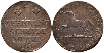 Брауншвейг-Вольфенбюттель 1 пфенниг 1830 CvC, Карл II (1823-1830) KM 1098 медь 116-655