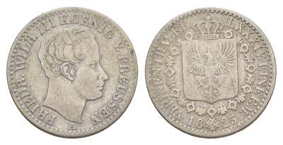 Пруссия 1/6 талера 1825 A, Фридрих Вильгельм III (1797-1840) KM 411 серебро 4604-631