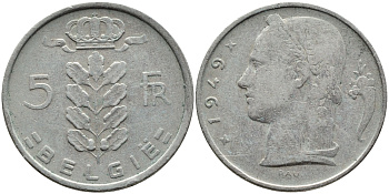 БЕЛЬГИЯ 5 ФРАНКОВ 1949 BELGIE KM 135.1 медно-никель 4391-1257