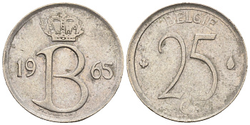 Бельгия 25 сантимов 1965 Belgie, Бодуэн I (1951-1993) KM 154.1 медно-никель 4609-751