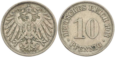 ГЕРМАНИЯ 10 ПФЕННИГОВ 1911 G KM 12, J. 13 медно-никель 31-1121
