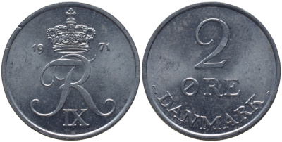 Дания 2 эре 1971 C; S, Фредерик IX (1947-1972) KM 840.2 цинк 86-1435