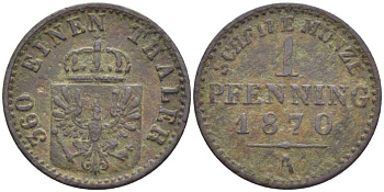 ПРУССИЯ 1 ПФЕННИГ 1870 А, ВИЛЬГЕЛЬМ I (1861-1888) KM 480 медь 201-557
