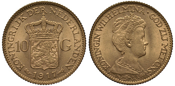 Нидерланды 10 гульденов 1917 Вильгельмина KM 149 золото UNC 00-000-00