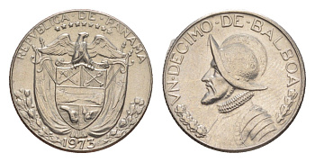 Панама 1/10 бальбоа (10 сентесимо) 1973 KM 10 медь плакированная медно-никелем UNC 4644-139