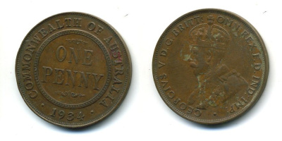 АВСТРАЛИЯ 1 ПЕННИ 1934 ГЕОРГ V KM 23 бронза 7-5-25-12