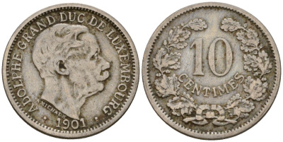 Люксембург 10 сантимов 1901 Адольф (1890-1905) KM 25 медно-никель 4602-441