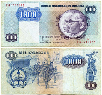 АНГОЛА 1000 КВАНЗА 1987 11 НОЯБРЯ 1987 Pick 124 бумага 6299-43-1-1