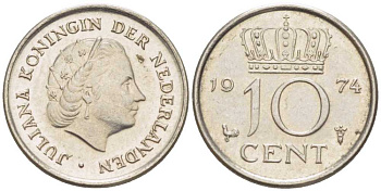 НИДЕРЛАНДЫ 10 ЦЕНТОВ 1974 ЮЛИАНА (1948-1980) KM 182 никель 116-541