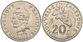 Французская Новая Каледония 20 франков 2007 три быка, (IEOM) KM 12a, Schoen 14a, Lec 115j медно-никель 81-1046