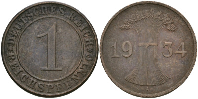 Германия 1 рейхспфенниг 1934 A KM 37, J. 313 бронза 4189-1229