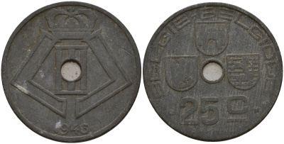 Бельгия 25 сантимов 1943 Belgie - Belgique, Леопольд III (1934-1947), германская оккупация, Вторая мировая война KM 132 цинк 4157-533