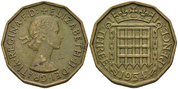 Великобритания 3 пенса 1954 Елизавета II (1952-2022) KM 900, Spink 4153 никель латунь 4561-1022