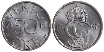Швеция 50 эре 1982 U Карл XVI Густав (1973- ) KM 855 медно-никель UNC 4364-1744