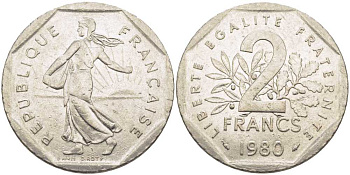 ФРАНЦИЯ 2 ФРАНКА 1980 СЕЯТЕЛЬ KM 942.1, LE FRANC 272.4 никель 111-1113