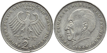 ФРГ 2 марки 1983 J, Конрад Аденауэр KM 124, J. 406 медно-никель плакированный никелем 4606-1156