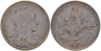 ФРАНЦИЯ 5 САНТИМОВ 1913 ТИП ДАНИЭЛЬ ДЮПЮИ KM 842, LE FRANC 119.25 бронза 202-112