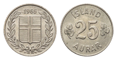 Исландия 25 эйре 1965 KM 11 медно-никель UNC 4696-337