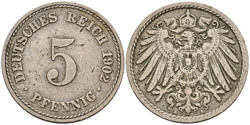 Германия 5 пфеннигов 1902 A KM 11, J. 12 медно-никель 4151-435