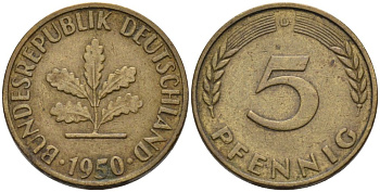 ФРГ 5 ПФЕННИГОВ 1950 D KM 107, J.382 сталь плакированная латунью 4567-865