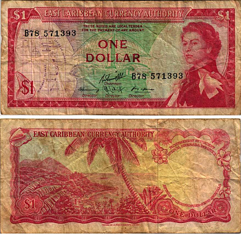 Восточно-Карибские штаты 1 доллар 1965 Британская администрация, серия В 78, подпись 10 Pick 13f бумага 435-27-3-2