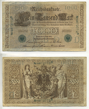 Германия 1000 марок 1910 зеленая печать, 7 цифр в номере Pick 45 b  бумага   7217-51-1-2
