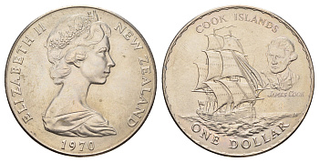 Новая Зеландия 1 доллар 1970 Острова Кука, тираж 25.075 экземпляров KM 43 медно-никель BU 4537-723
