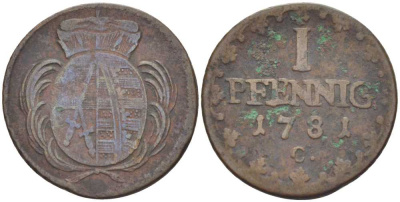 САКСОНИЯ 1 ПФЕННИГ 1781 С, ФРИДРИХ АВГУСТ III (1763-1806) KM 1000 (С91) медь 206-354