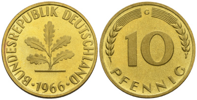 ФРГ 10 пфеннигов 1966 G KM 108, J.383 сталь плакированная латунью PROOF 1094-7-43