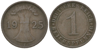 Германия 1 рейхспфенниг 1925 J KM 37, J. 313 бронза 4615-232