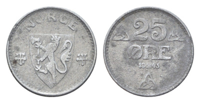 Норвегия 25 эре 1943 Хокон VII (1905-1957) KM 395 цинк 4705-843
