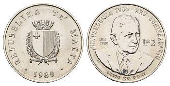 Мальта 2 лиры (фунта) 1989 25 лет Независимости KM 88 серебро BU 270-615