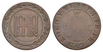 Вестфалия 5 сантимов 1809 C, Жером Бонапарт (1807-1813) Smith 298, KM 94, ASK 40 медь 4654-115