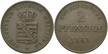 Саксен-Мейнинген 2 пфеннига 1863 Бернгард II (1803-1866) KM 171 медь 99-639