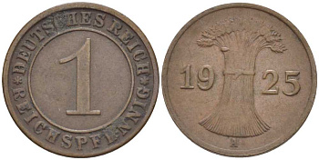 ГЕРМАНИЯ 1 РЕЙХСПФЕННИГ 1925 A KM 37, J. 313, Weege 2 бронза 211-114