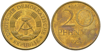 ГДР 20 пфеннигов 1989 A KM 11 латунь 4573-1121