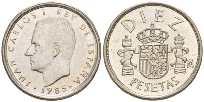 ИСПАНИЯ 10 ПЕСЕТ 1985 ХУАН КАРЛОС I ( 1975-) KM 827 медно-никель XF4181-1042