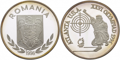 Румыния 100 леев 1996 XXVI Олимпийские игры 1996 года в Атланте, 100 лет Олимпийскому движению, стрельба, пробный выпуск  серебро  PROOF  11-204-43