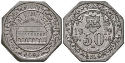 Хамм (Пруссия, Вестфалия) 50 пфеннигов 1919 Funck 191.14, Men05 10723.20, Men18 13447.20 железо aUNC 4597-1133