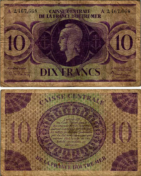 Французская Экваториальная Африка 10 франков 1944 серия А, CAISSE CENTRALE DE LA FRANCE D'OUTRE-MER Pick 16d  бумага   6352-42-1-1