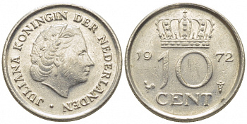 Нидерланды 10 центов 1972 Юлиана (1948-1980) KM 182 никель 112-346