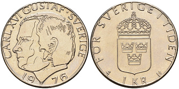 Швеция 1 крона 1976 Карл XVI Густав (1973- ) KM 852 медь плакированная медно-никелем UNC 4582-445