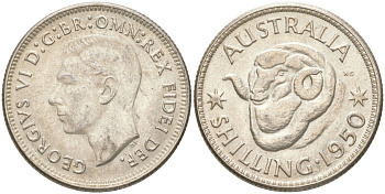 Австралия 1 шиллинг 1950 M, Георг VI (1936-1952), овца меринос KM 46 серебро 4622-137