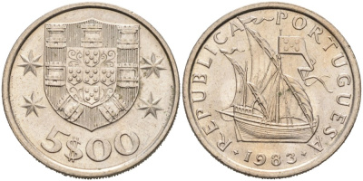 Португалия 5 эскудо 1983 парусник KM 591 медно-никель 4556-1156