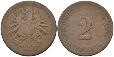 Германия 2 пфеннига 1874 C, старогербовка KM 2, J. 2 медь 4573-1254