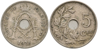 БЕЛЬГИЯ 5 САНТИМОВ 1928 BELGIQUE KM 66 медно-никель 44-133