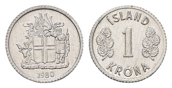 Исландия 1 крона 1980 KM 23 алюминий UNC 4687-823
