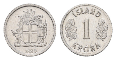 Исландия 1 крона 1980 KM 23 алюминий UNC 4687-823